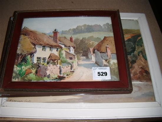 Harry Edmonds Crute, pair of watercolours of cottages and another of a coastal scene(-)